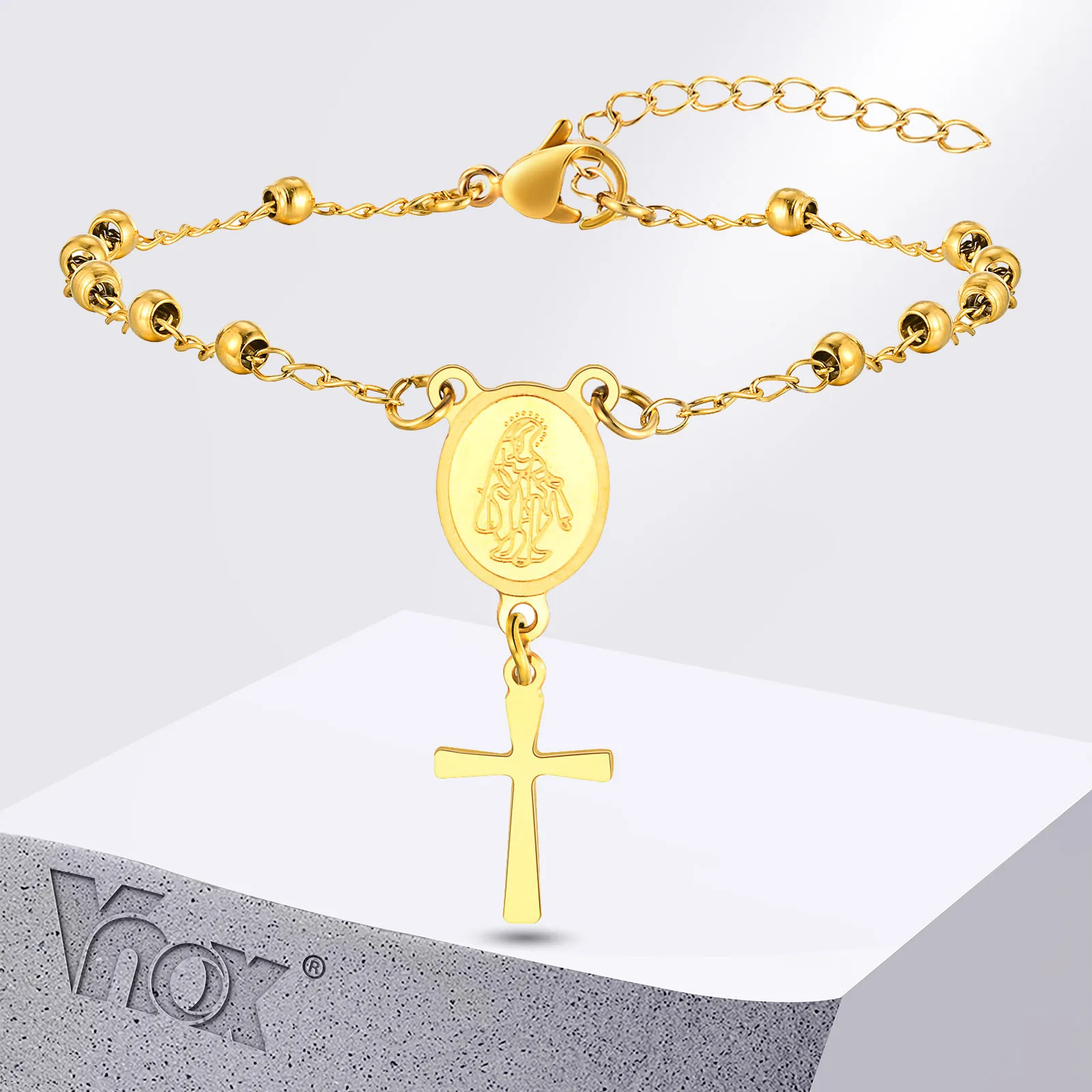 Vnox Stainless Steel Bracelets For Women Girls,Virgin Cross Gold Plated Rosary Bracelet,Fashion Religious Jewelry Adjustable