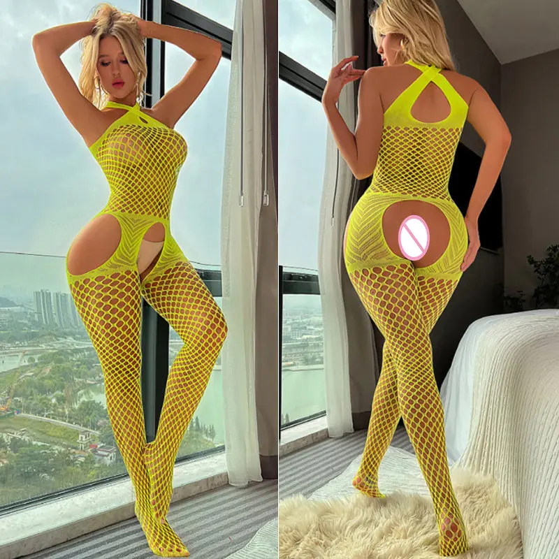 Sexy bodystocking Mesh Hot erotyczne bielizna kobiety przezroczyste otwarte krocza rajstopy kobieta kabaretki Body Catsuit seksowne rajstopy