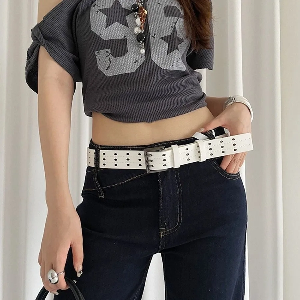 

Vintage Three-Row Wide Belt Y2k Versatile Leather Waistband Harajuku Black White Women's Dress Jeans Belt Waist Accessories