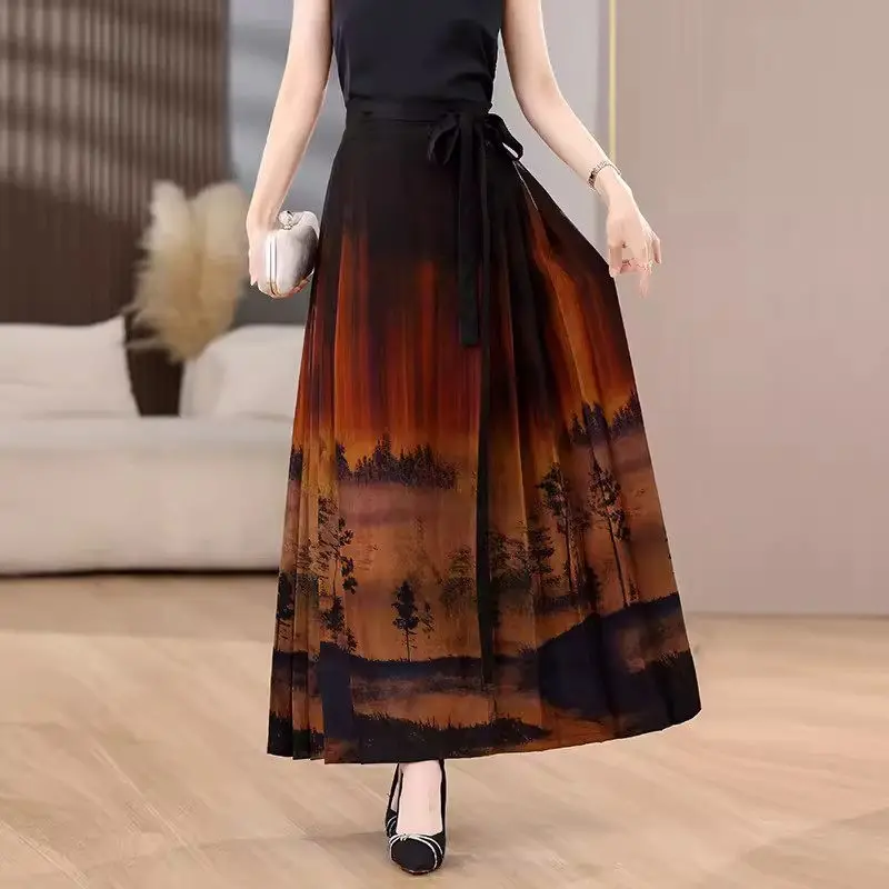 Elegant High Waist Skirt For Women 2024 Summer New Middle Aged Elderly Mom's Wear High End Retro Printed Horse Face Skirt K1012