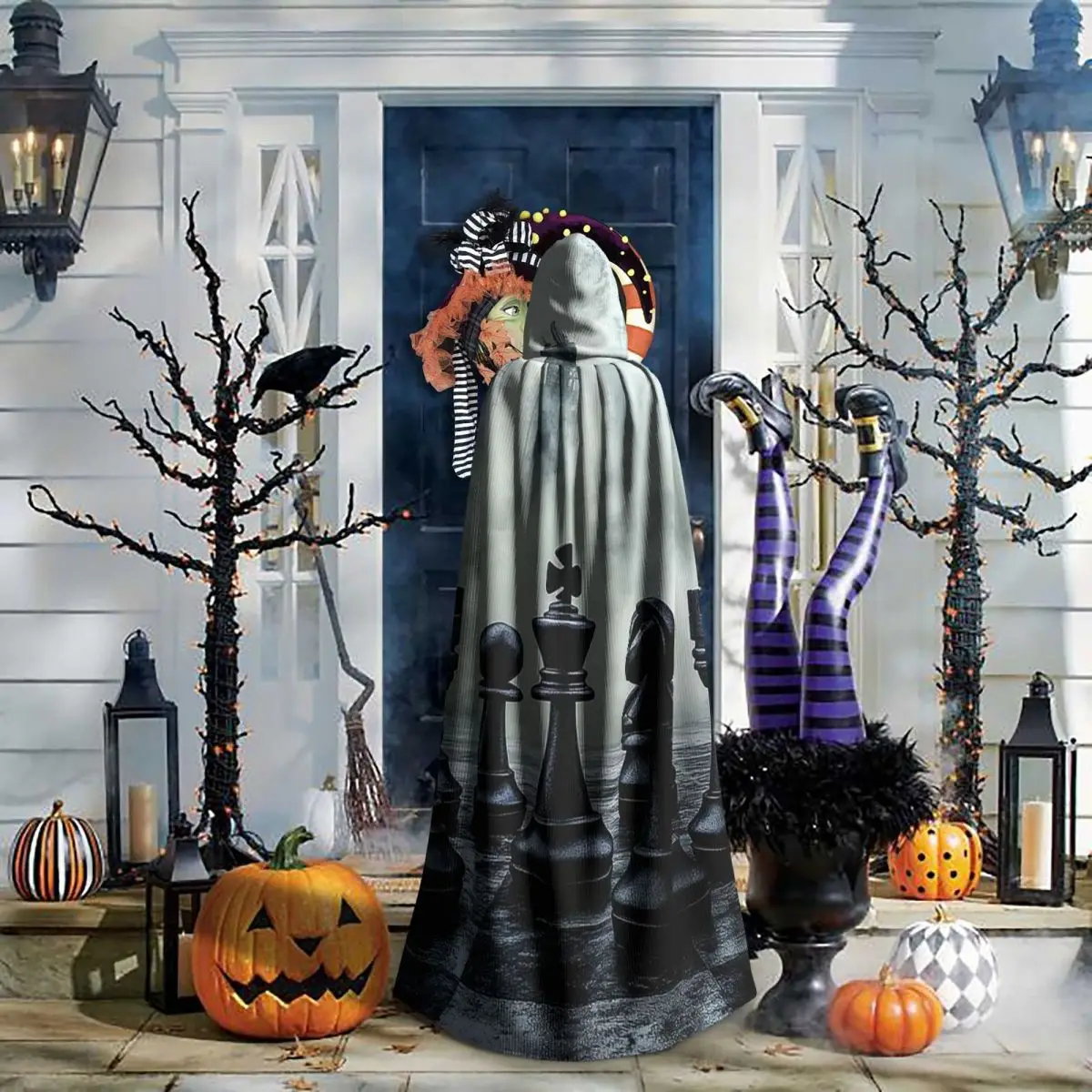 블랙 킹 체스 체스보드 롱 후드 망토 마녀 중세 의상 코스프레 케이프 할로윈 뱀파이어 성인 유니섹스