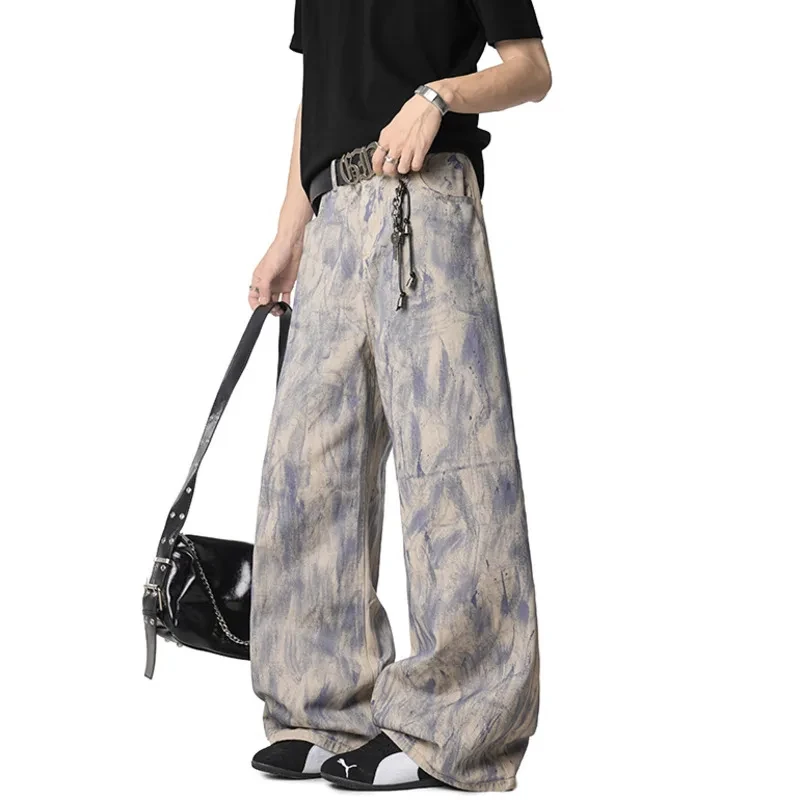 กางเกงยีนส์ผู้ชายดีไซน์เฉพาะตัว ลายกราฟฟิตี้สีสันสดใส สไตล์ลำลอง ทรงตรง แมทช์ได้กับทุกชุด เหมาะสำหรับฤดูใบไม้ผลิ