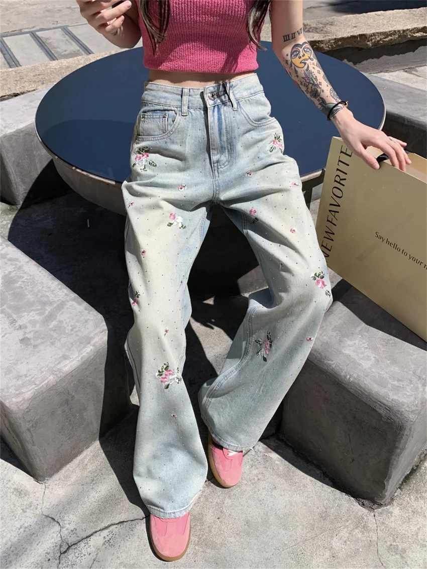 PLAMTEE Florals Women Mopping Pants Jeans Loose Summer Chic High Waist Denim 2024 All Match Wide Leg Straight Slim Vintage Daily