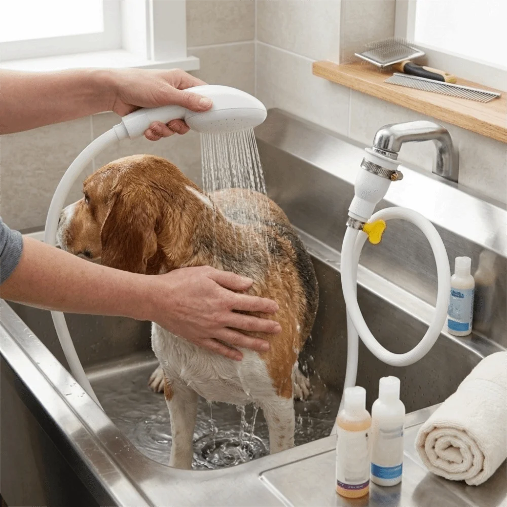 Solid Resin Build Body Pet Shower Sprayer Adjustable Water Flow Extended Hose Length Quick Connect Nozzle Plug-in Mount Type