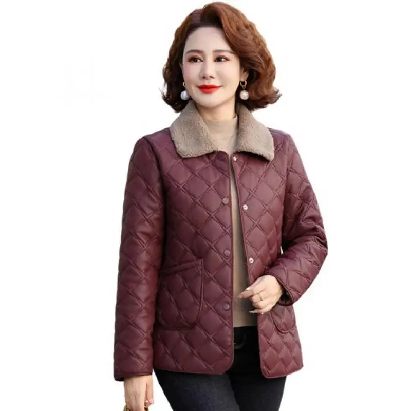 Women's Coat Middle-aged Mother's Woolen Short Fur PU Leather Tooling Cotton Jacket Warm Parkas