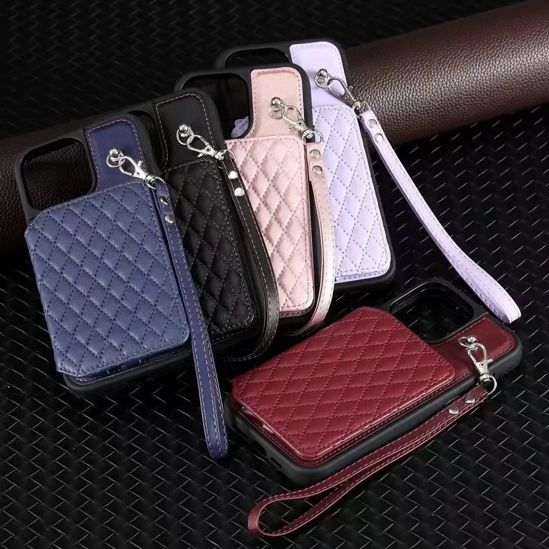 

Checkered Insert Card Case Leather Crossbody Backstrap Phone Case for iPhone6 7 8 XR SE2/3 11 12 13 14 15 Plus Pro Promax