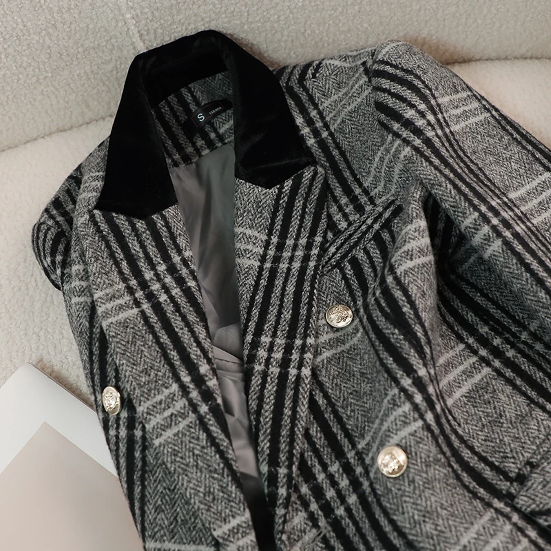 British Style Retro Plaid Blazer Women 2024 Fall Winter New Simple High-end Long-sleeved Gray Suit Jacket Luxury Tweed Jacket