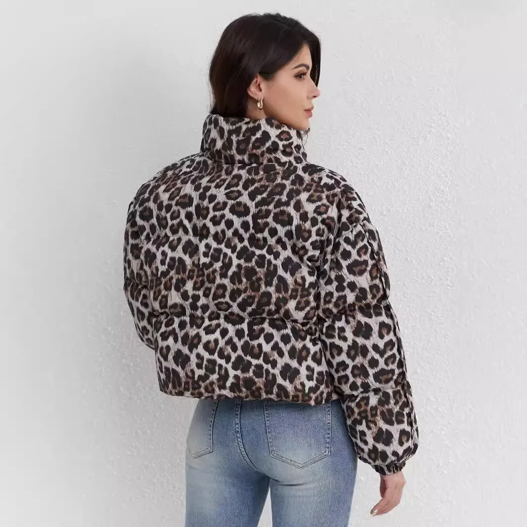 Y2k Streetwear Fashion Leopard Print Cropp Cotton Winter Puffer Jackets Women 2024 Stand Neck Long Sleeve Zipper Coat Women