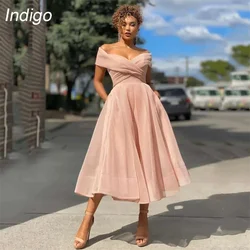 Indigo Prom Dress A-Line Off The Shoulder V-Neck Tea-Length Pleat Simple Pocket Open Back Evening Gowns For Women 2024فساتين الس