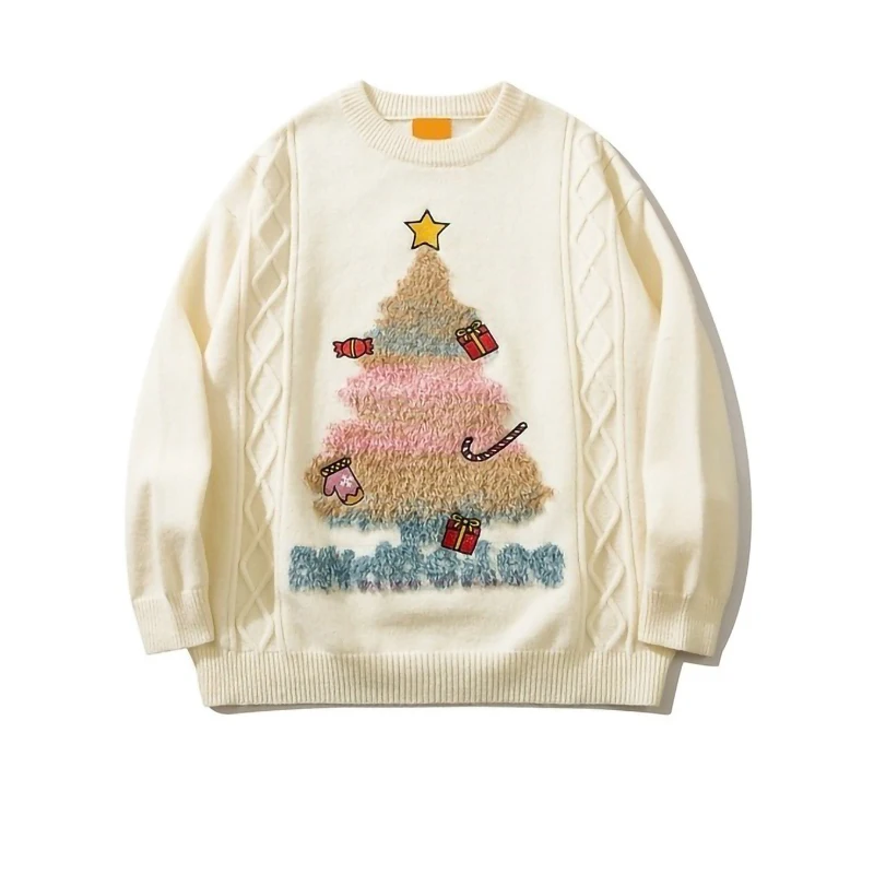 Sweter Rajutan Modis Musim Dingin Pasangan Gaya Musim Gugur Musim Dingin Tahun Baru Kasual Pohon Natal Serasi Pullover Leher Bulat Pria