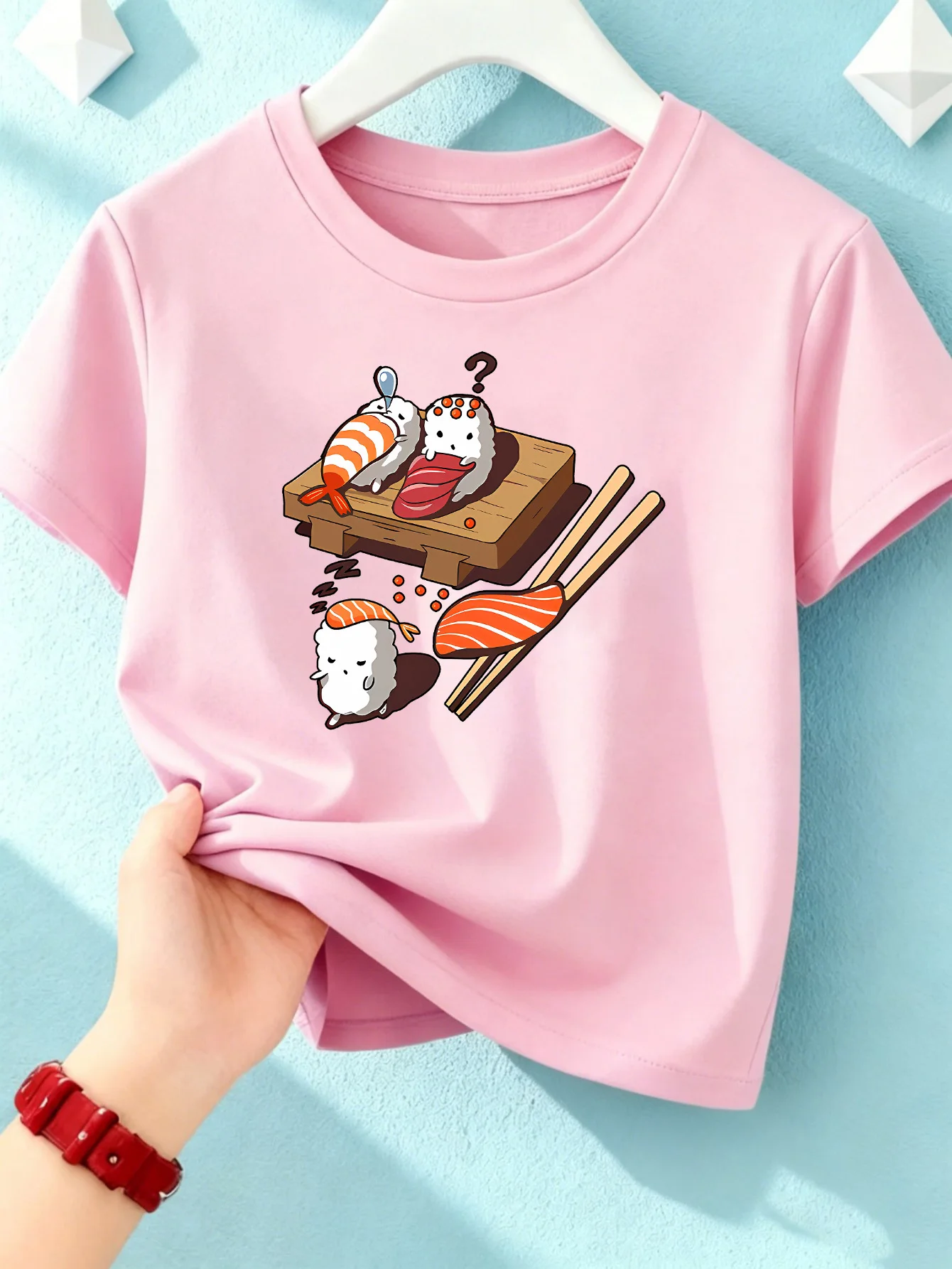 Funny Playful Cartoon Sushi Japanese Food Kid Shirt Boys Girls Short Sleeve Crew Neck Cotton Parent Matching Tops Toddler Youth