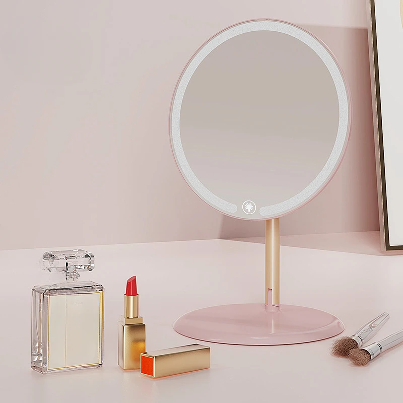 Portable desktop LED makeup mirror, infinite tone 3 color temperature, 90 degrees rotation, button button light-perfect travel