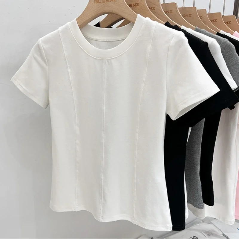 

New T-shirts Women Short Sleeve Casual O Neck Solid Slim Fit Tee Summer Basic Crop Top Simple T Shirt Female Y2K Tops Clothes