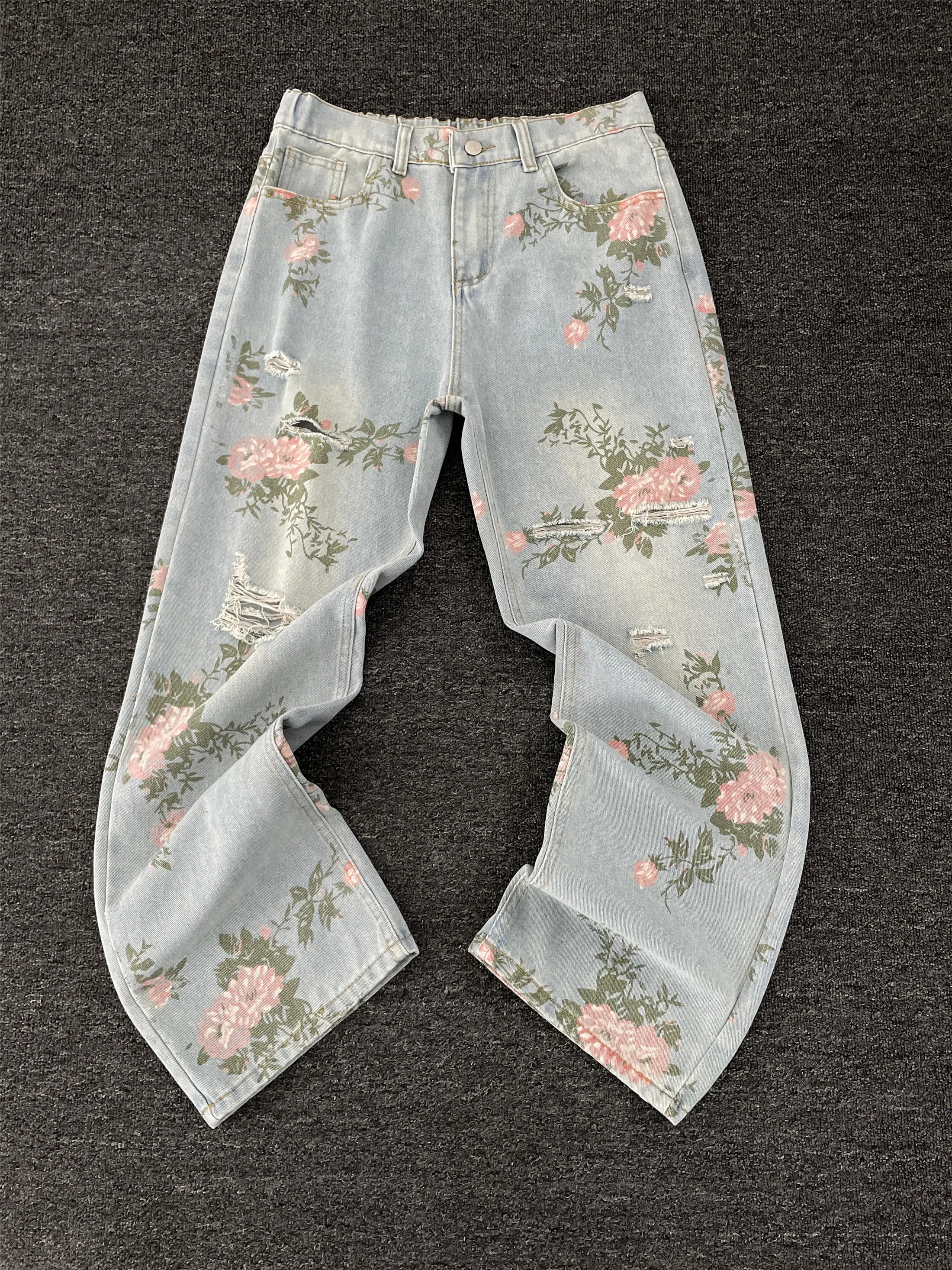 

Cleanfit Peony Embroidered Casual Straight Leg Men's Jeans Washed out Distressed Loose Fit Summer Jeans Teenager Fashion