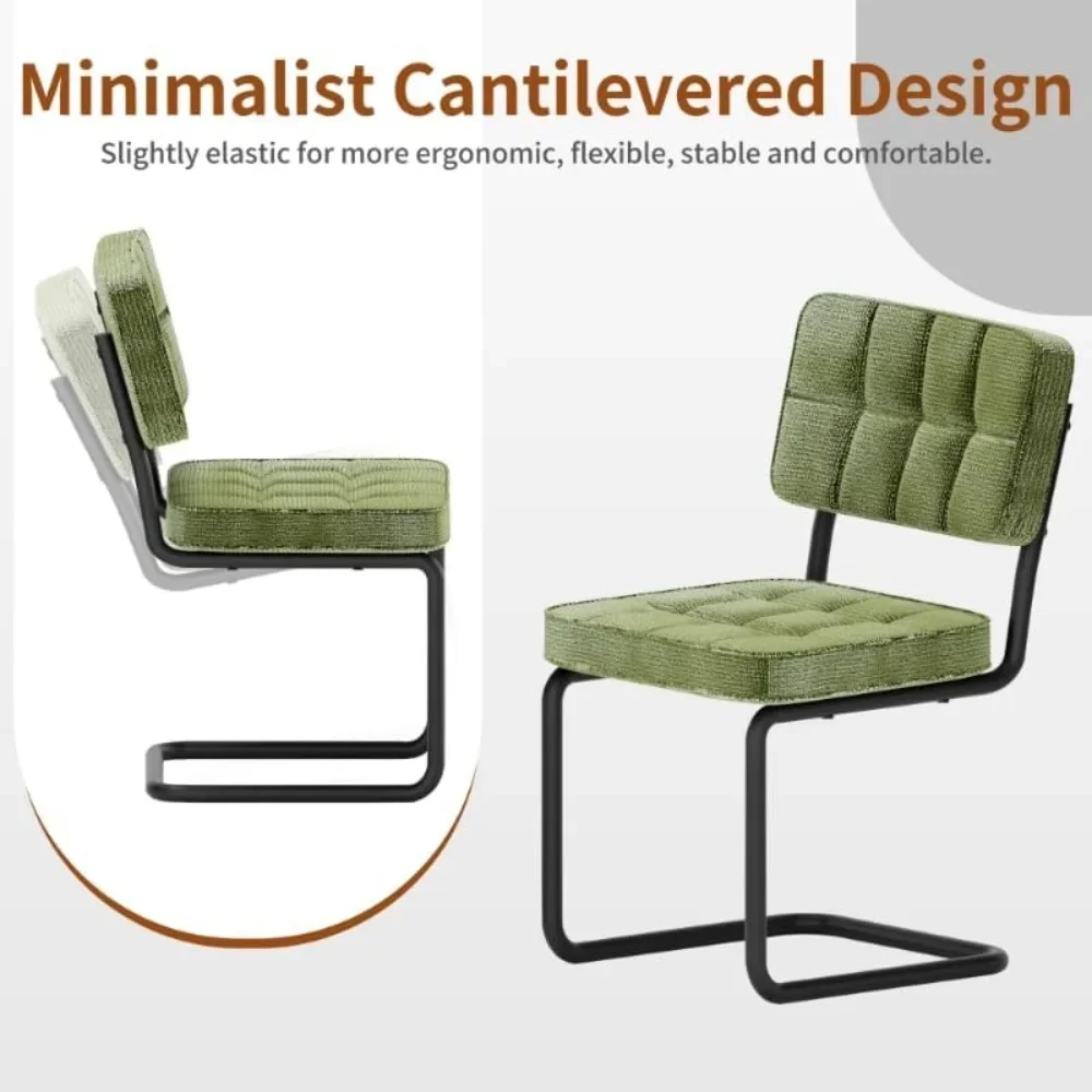 Nowoczesne, zielone krzesła do jadalni typu cantilever, zestaw 4 sztuk, krzesła boczne bez podłokietników w stylu mid-century z tapicerowanym siedziskiem i oparciem.