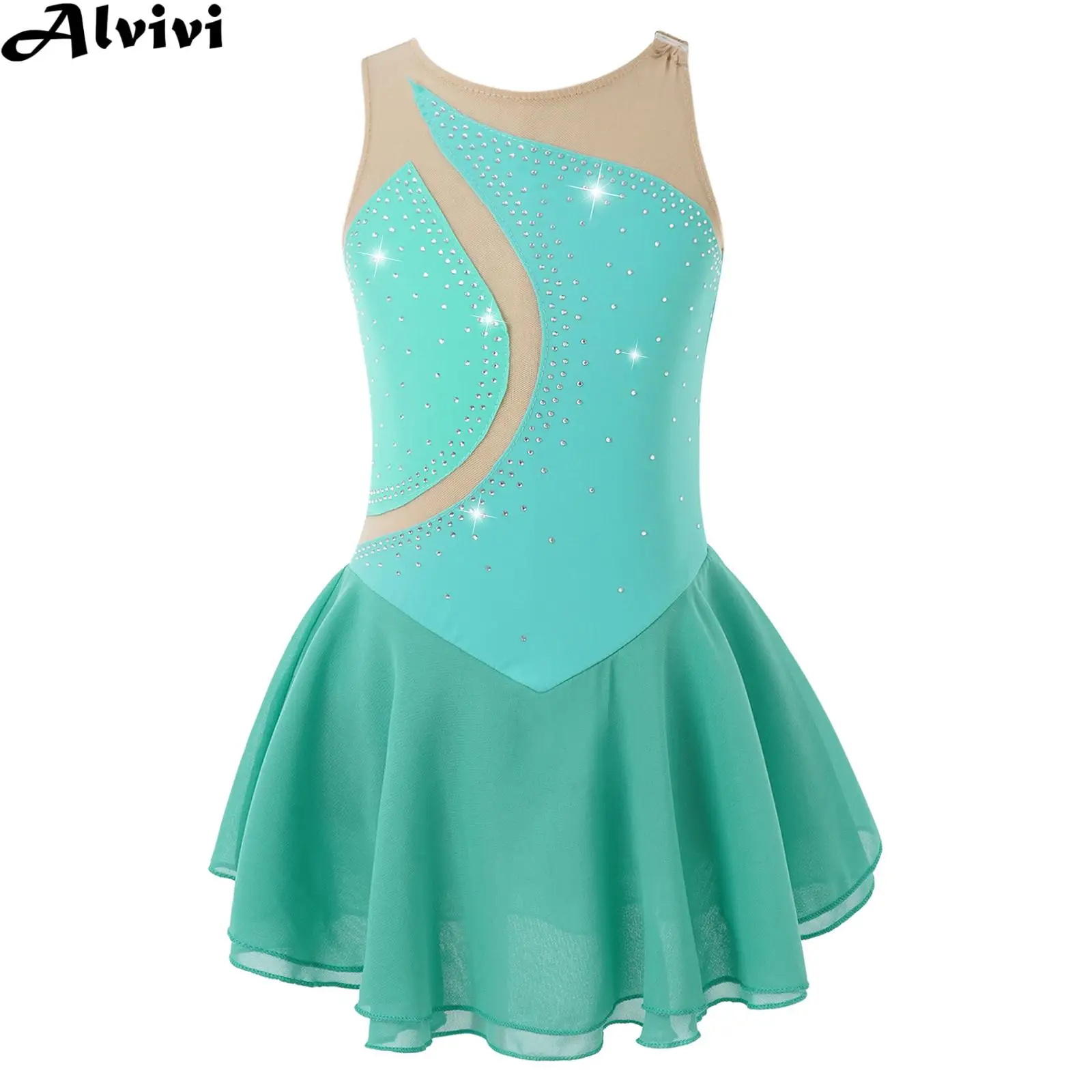 Kids Girls Figure Ice Skating Dress Sleeveless Rhinestone Sheer Leotard Tutu for R Ballet Gymnastics Acrobatics Lyrical Dance