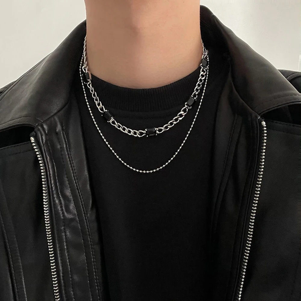 Hip hop Double Layer Cuban Chain Black Crystal Necklace Man Women Stainless Steel Jewelry Simple Men\'s Chain Accessories