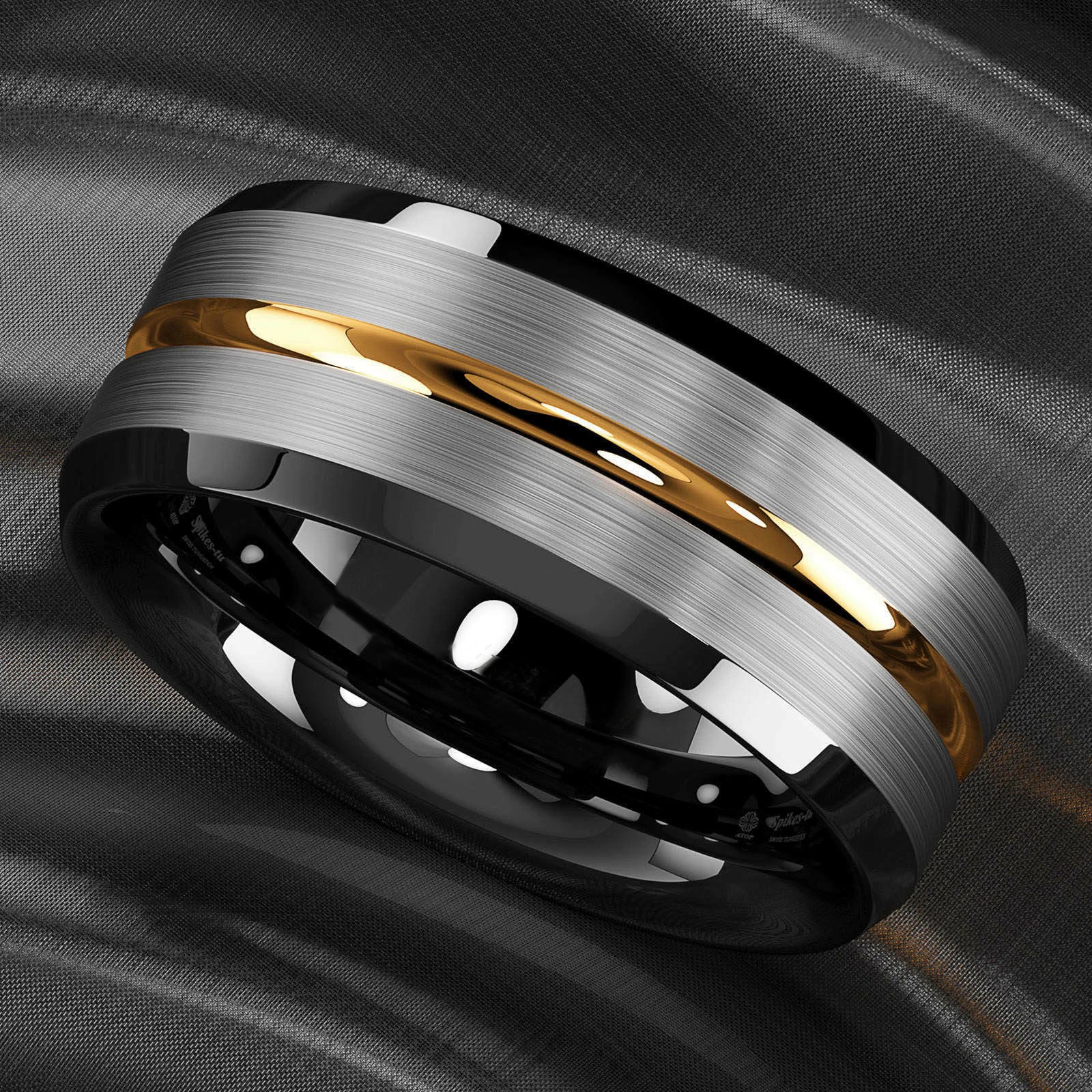 Fashion 8mm Gold Color Groove Men Stainless Steel Rings Silver Color Brushed Black edge Rings For Men Women Wedding Band Jewelry