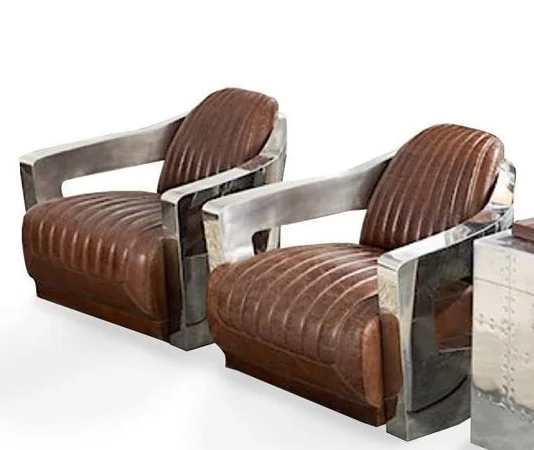 High-end retro industrial pilot chair with shiny stainless steel frame and synthetic leather for living room and bedroom use