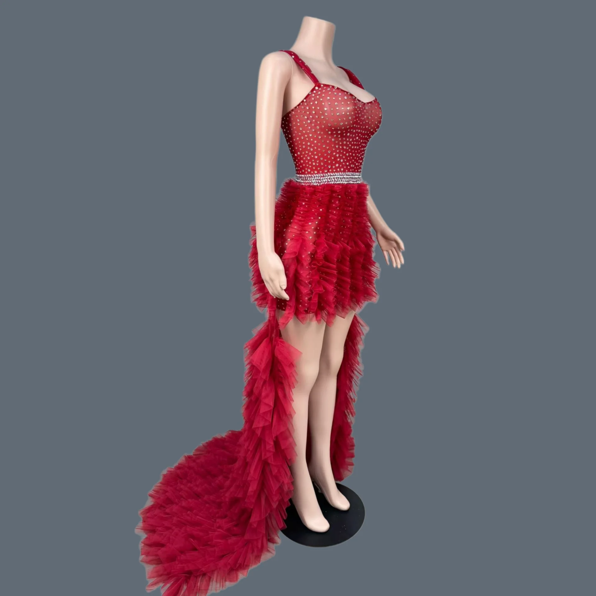 Elegant Sparkly Rhinestone Slip Long Tail Mini Dress Party Birthday Celebrate Sexy Mesh Pleated Evening Gown Stage Outfit Furong