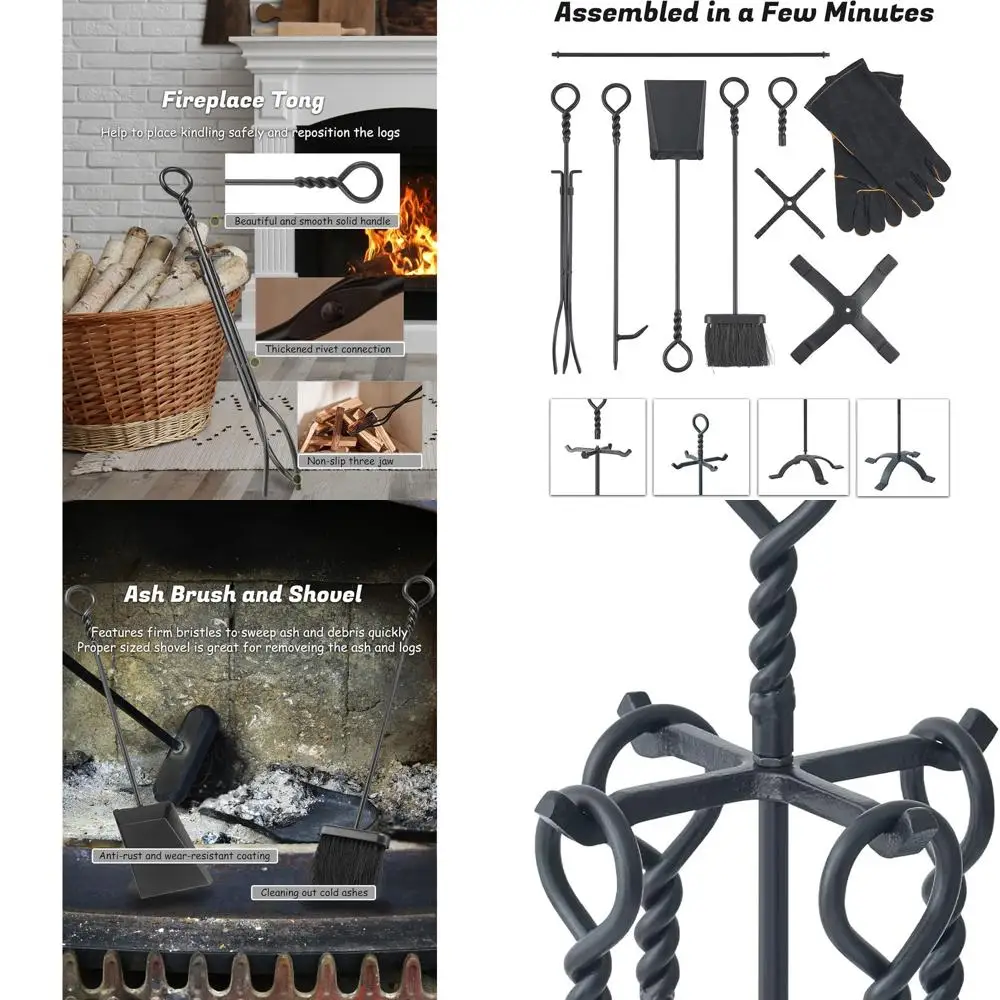 

5-Piece Sturdy Fireplace Tool Set with Retro Handle and Heat-Resistant Gloves, Indoor/Outdoor Use, FTS55BK