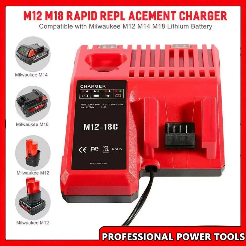 

Rapid Fast 3A Li-Ion Charger 12V 14V 18V Dual Port Multi-Voltage Compatible For Milwaukee M12-18C M12 M18 Lithium-Ion Battery