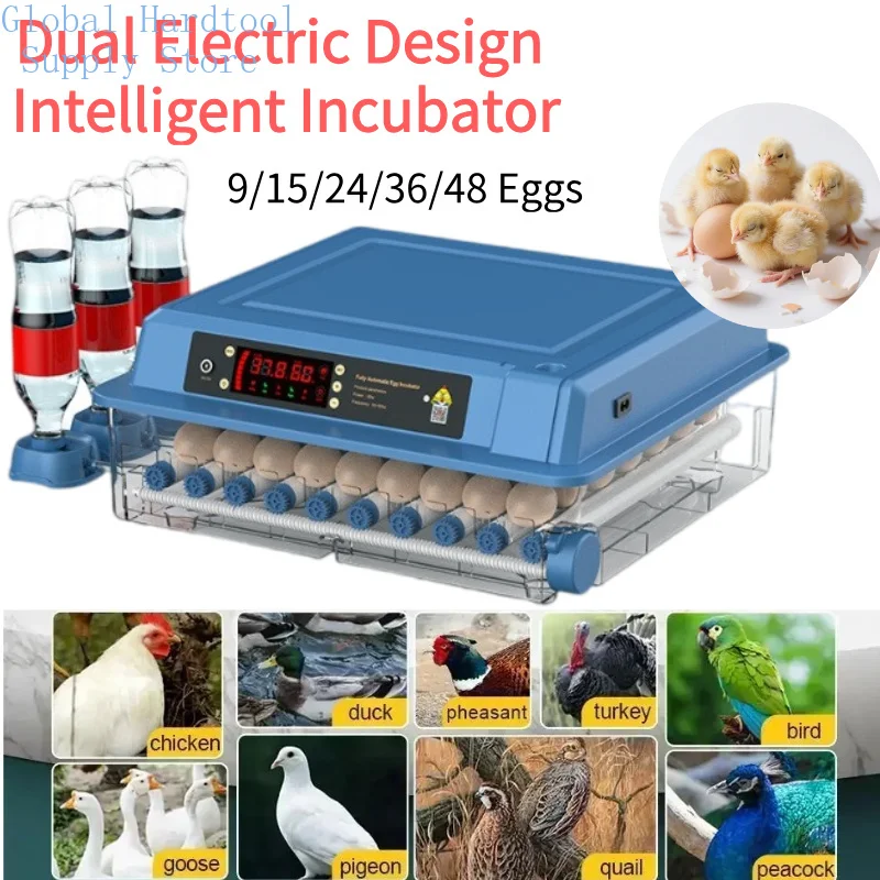 9/15/24/36/48 Eggs Farm Poultry Fully Automatic Turning Egg Incubator Dual-Electric Household Brooder for Chicken Goose Duck Bir