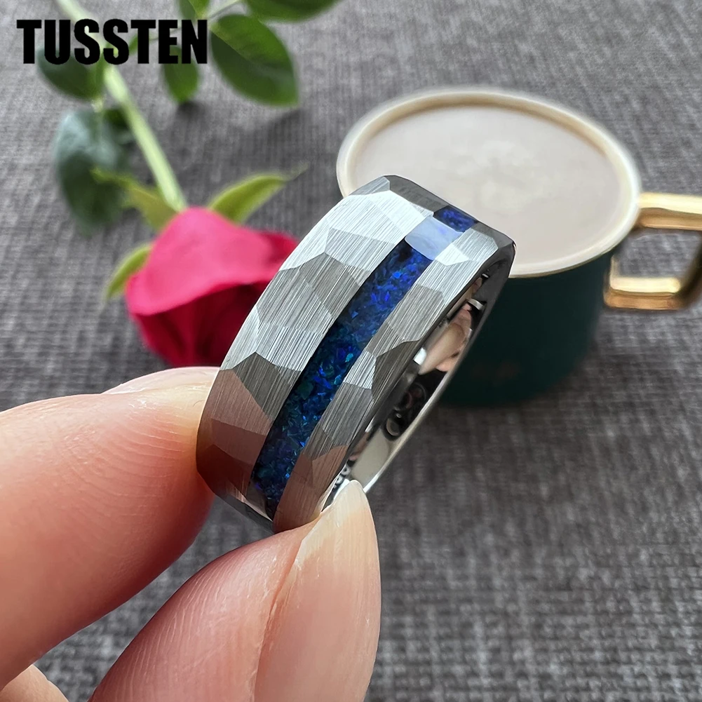 TUSSTEN 8MM Silver Hammered Tungsten Finger Ring for Men Women Fashion Engagement Wedding Band Genuine Blue Opal Inlay