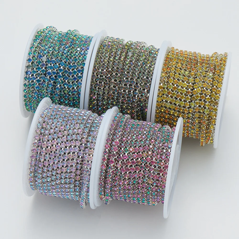 10Yards/Roll Shiny Rhinestone Chain SS6-SS16 Golden Silvery Crystal For Clothes DIY Jewelry Sewing Trimmings Accessories
