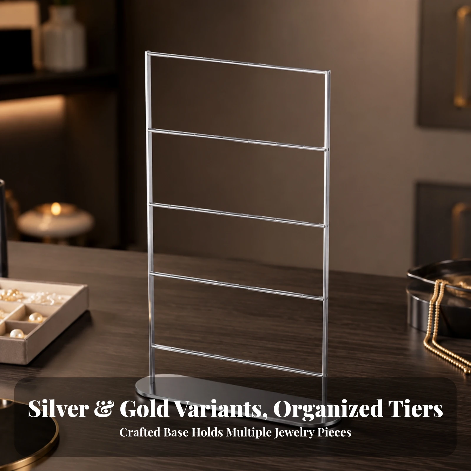Jewelry Display Stand with Five Rails Slim Jewelry Display Rack Metal Necklace Earring Organizer Space-Saving Stable