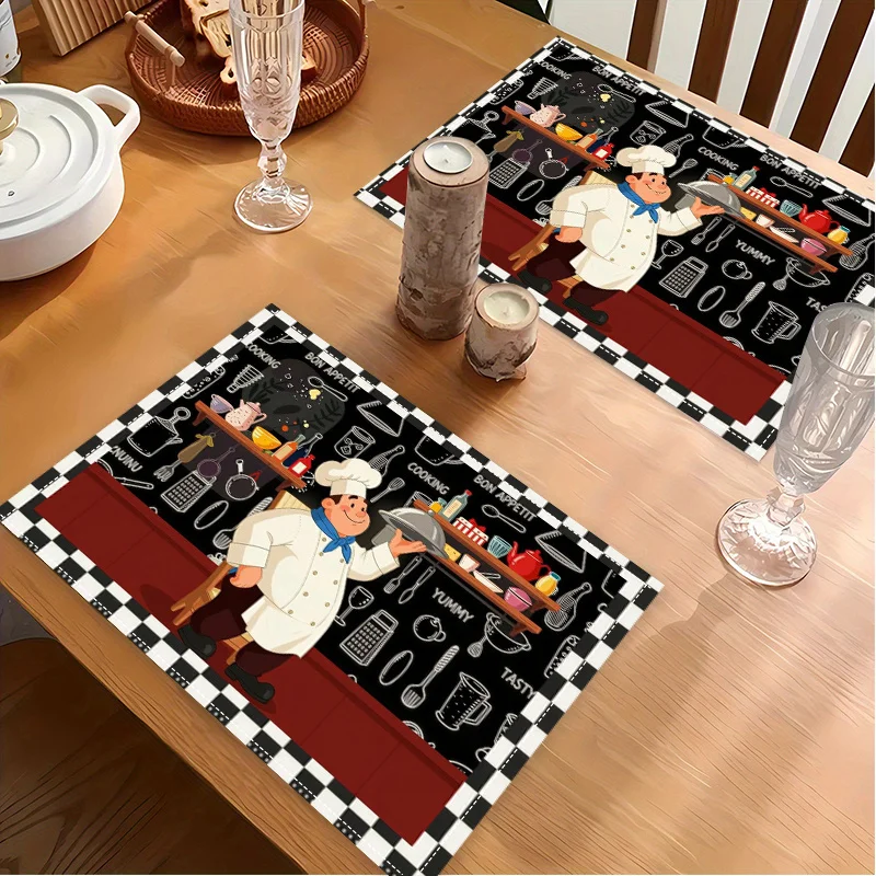 VIKAMA Cartoon Chef Checkered Placemat, Heat-Insulating, Universal Placemat for Restaurant & Cafe