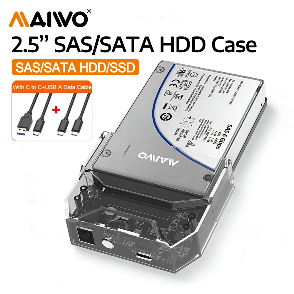 

MAIWO 2.5 inch SAS/SATA External Hard Drive Enclosure with 6TB Storage Expansion SAS to USB-C Adapter Enclosure 12V-3A Power
