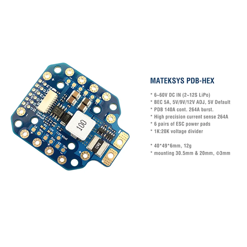 MATEK PDB-HEX 2-12S 5A 5V/9V/12V BEC Power Distribution Board PDB Outputs High Precision Current Sense for FPV Racing Drone