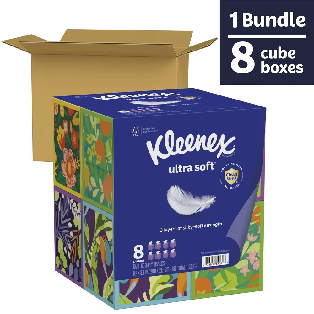 Fazzoletti per il viso ultra morbidi Scatole a 3 strati da 8 cubi Tecnologia di scudo pulito ipoallergenico da 60 pezzi Delicata sulla pelle Ideale per tutte le stagioni