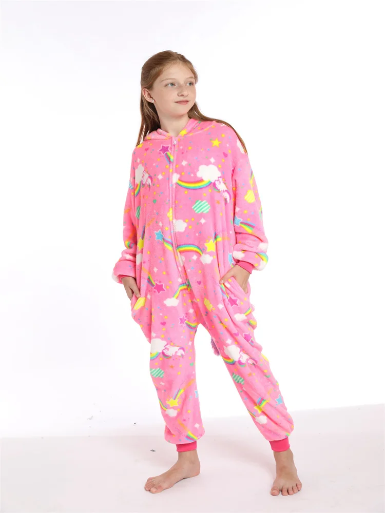 Fall-winter Flannel Children Cartoon Halloween Cosplay Kigurumi Unicorn One-piece Pajamas Costume Hooded Warm Sleepwear Unisex
