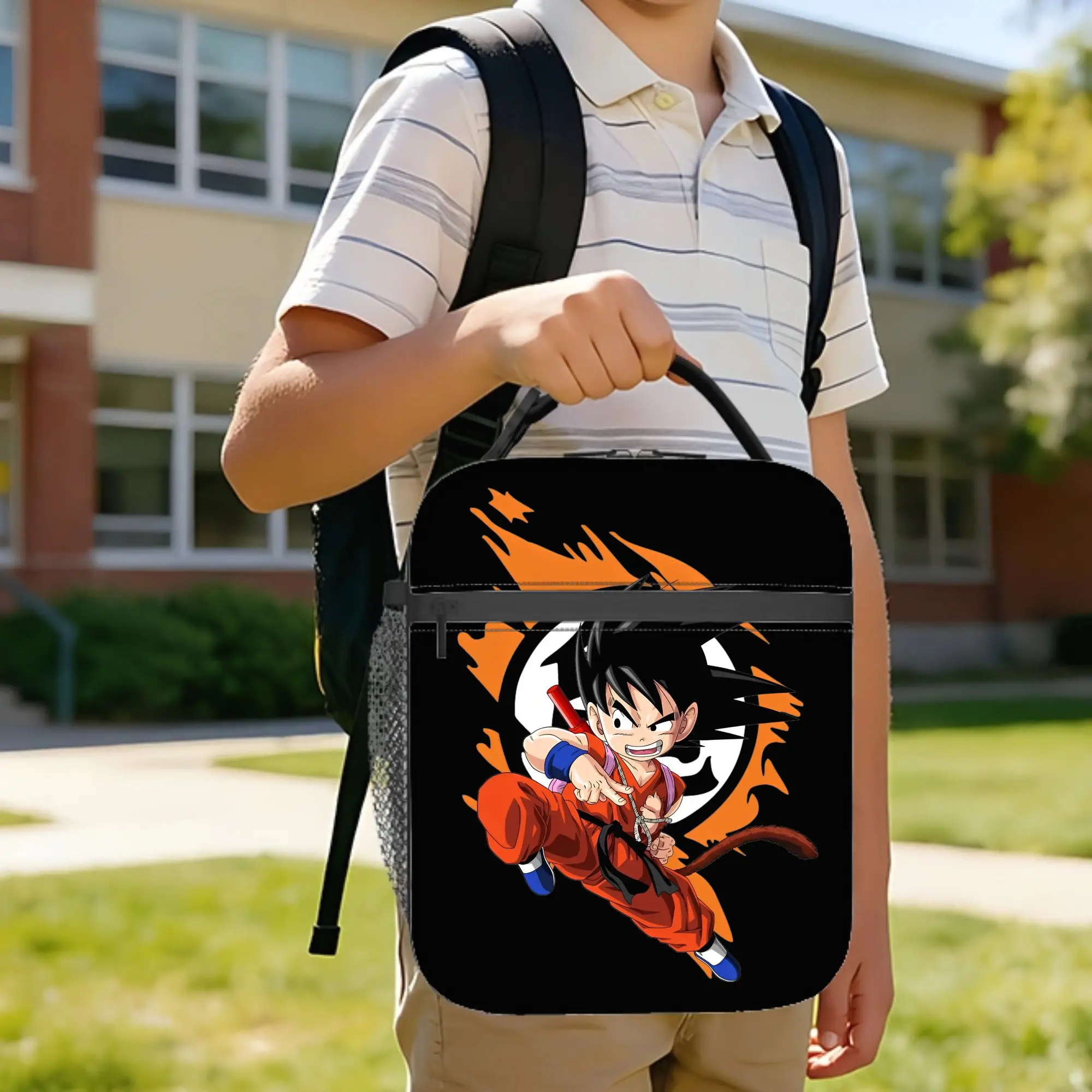 

Kid Goku Jump Kick DBZ Logo Insulated Lunch Bags Portable Meal Container Thermal Bag Tote Lunch Box School Picnic Bento Pouch