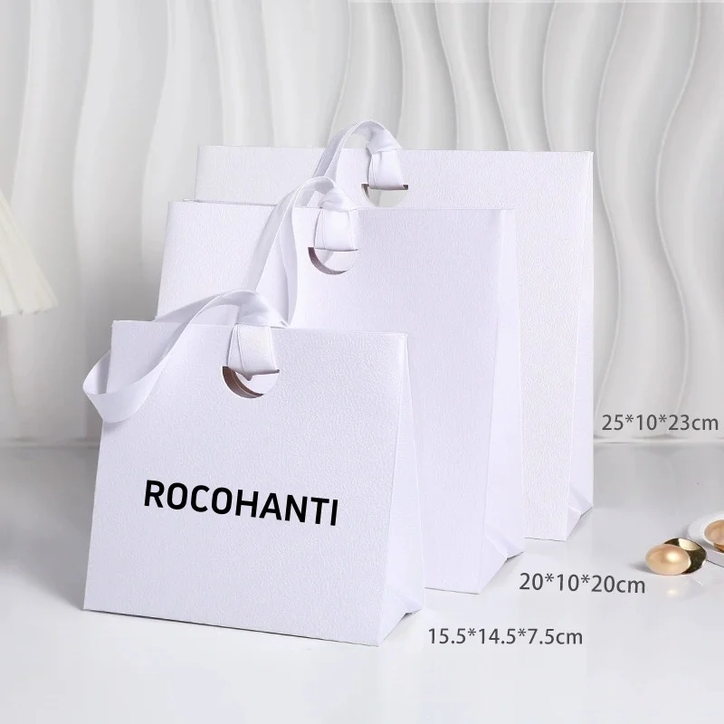 Custom LOGO Printing Luxury Textured Paper Bags with Satin Ribbon Handle Multi-Color Options for High-End Retail Gift Packaging