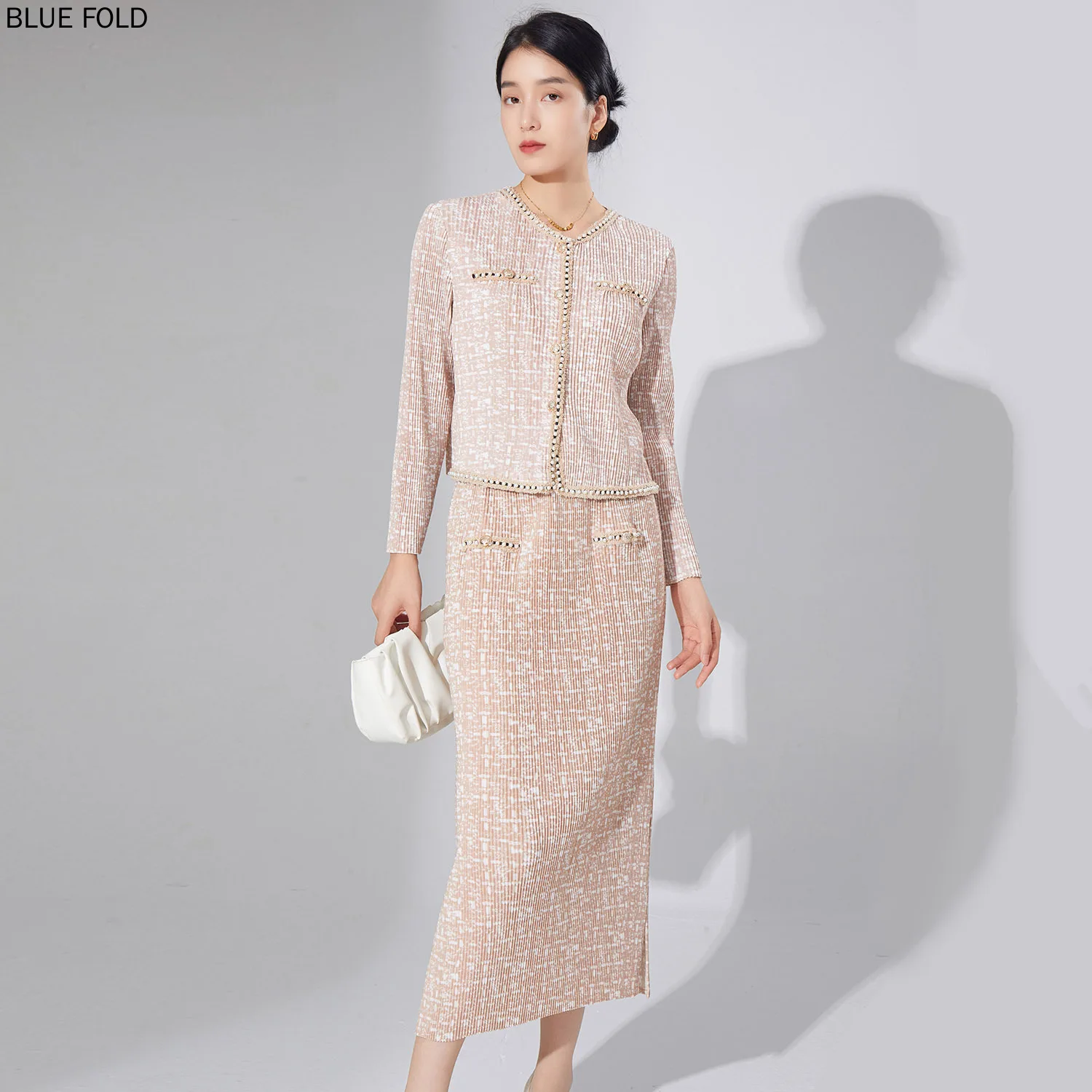 MIYAKE-2-Piece Set for Women, Temperament Cardigan Jacket, Medium Length Split Skirt, Pleated, High End