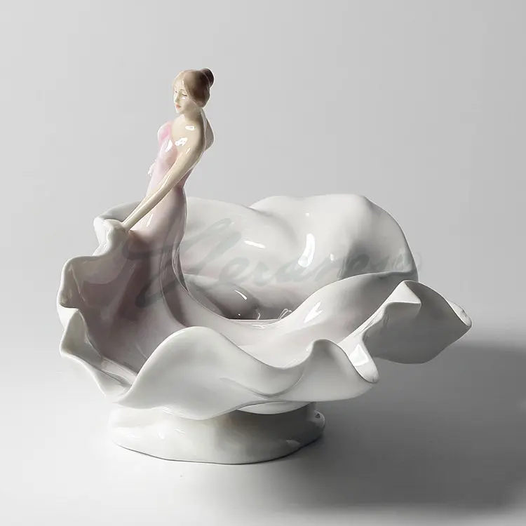 Glossy Ceramic Dancing Lady Storage Bowl Fluttering Skirt Sculpture Catchall Dish for Jewelry Fruits Candles Home Tabletop Decor