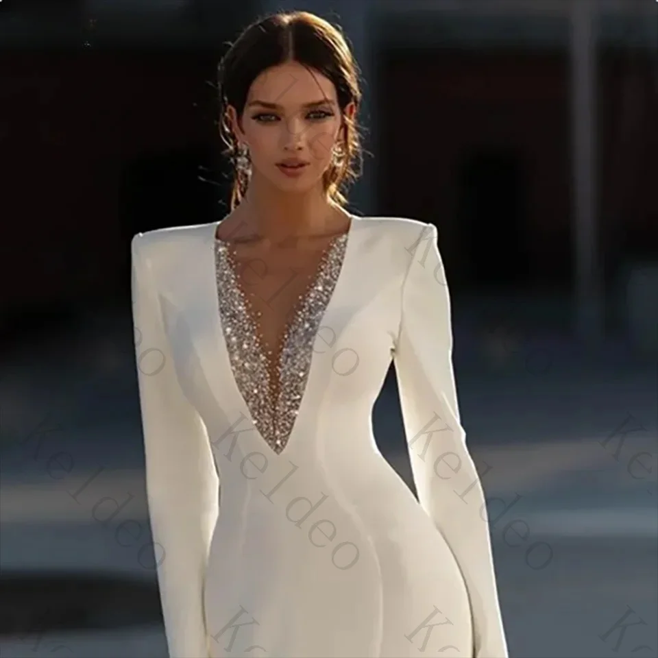 Customized Exquisite V Neck Long Sleeve Mermaid Wedding Dresses Fashion Ruched Beaded Zipper Open Back Floor‑Length Bridal Gowns