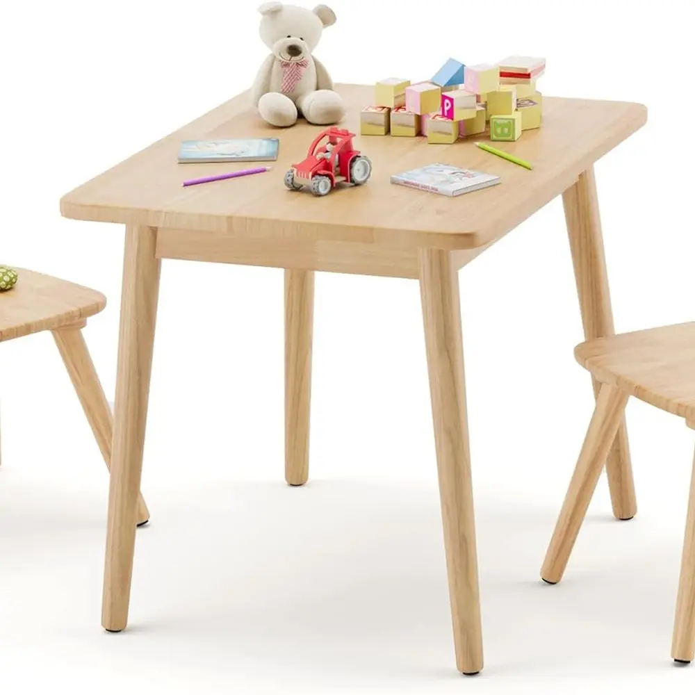 ชุดโต๊ะและเก้าอี้เด็กทำจากไม้ยางพารา พร้อมขาตั้งกันลื่นและขอบโค้งมน สำหรับงานศิลปะ การเล่น และงานฝีมือของเด็กๆ ทำจากไม้ธรรมชาติ