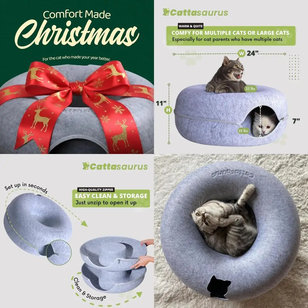 

3-in-1 Cat Bed, Tunnel & Scratcher for Multiple Cats up to 45 lbs, Washable Dog Bed (Large, Light Gray)