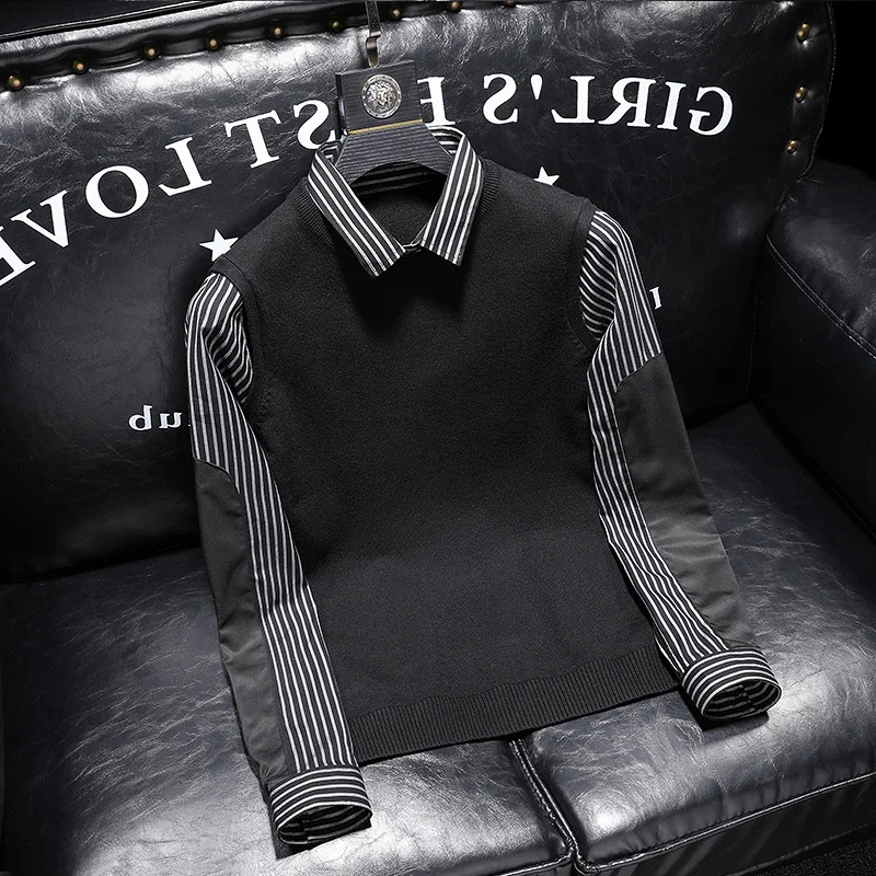 

Мужской вязаный свитер с воротником-стойкой, приталенный, в полоску, имитация двухслойности, повседневный трикотаж, модный бренд, молодежная мода, осень-зима