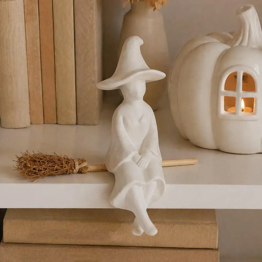 Hanging Witch Figurines Halloween Shelf Decor Faceless Witch Shelf Sitter Statue Minimalist Matte White Resin for Bookshelf
