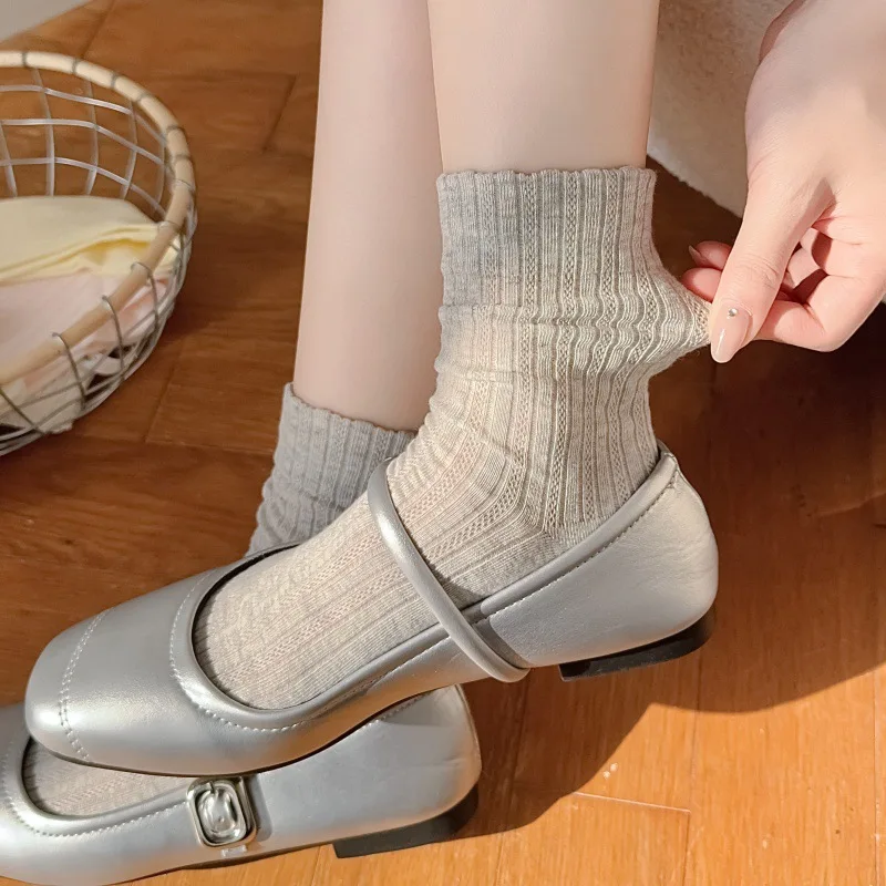Korean Style Women Socks Summer Cotton Thin Breathable Middle Tube Socks Solid Color White Gray Pink Blue Yellow Long Socks Sox image 4