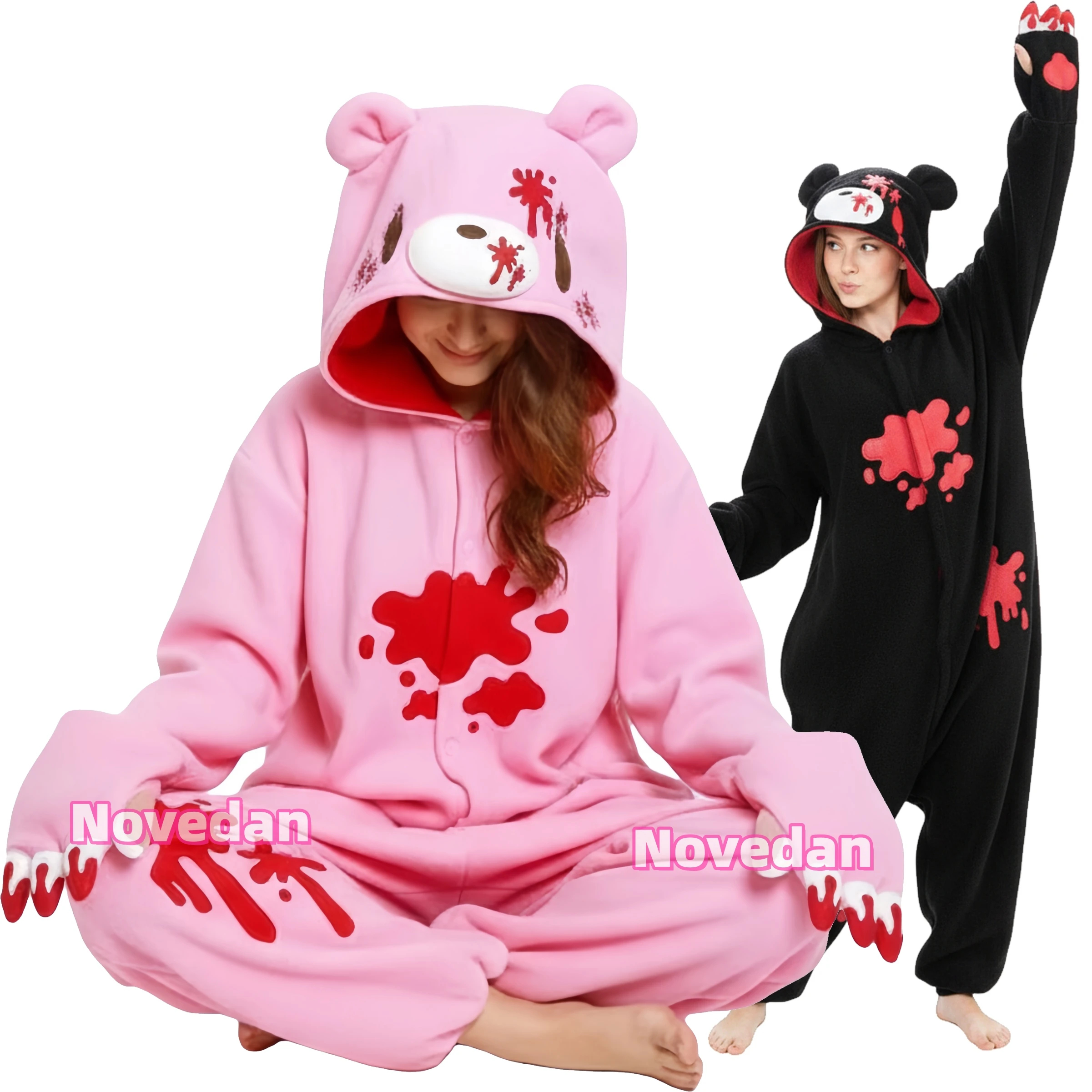 Blood Gloomy Bear Kostüm Schwarz-Rosa Gloomybear Fleece-Onesie Erwachsenen-Pyjama Cosplay-Kostüm Kigurumi-Anzug Party-Pyjama für Damen und Herren
