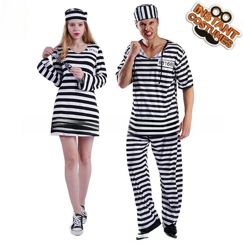 

Костюм на Хэллоуин для пары, сценический комплект, черно-белый полосатый наряд заключенного, женский наряд большого размера DD595