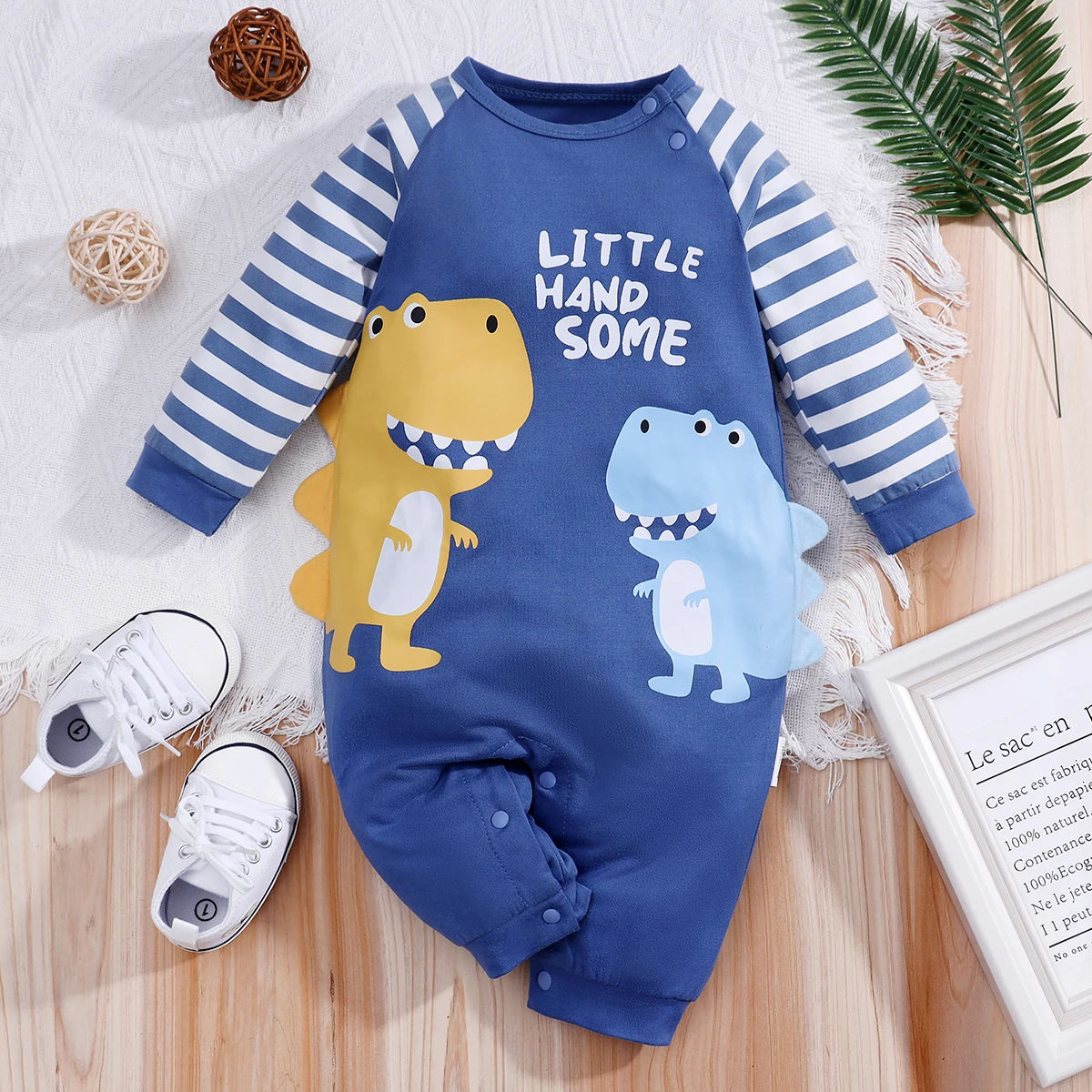 

IURNXB Baby Jumpsuit Long Sleeve Cute Dinosaur Patchwork Casual Striped Romper Newborn Outfit Toddler & Infant Boys Onesie 0-18M