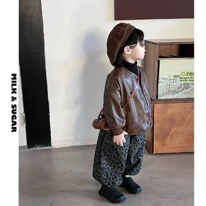 Boys' Sets PU Leahter Jacket High Collar Bottom Shirt Leopard Lantern Pants Three-piece Korean Fashion Street Handsome Suits