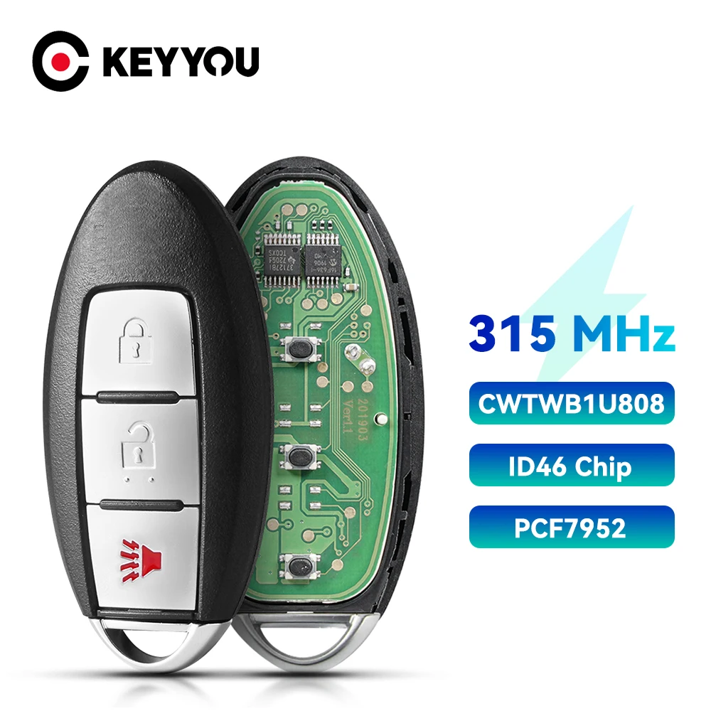 KEYYOU CWTWB1U808 ID46 inteligentny kluczyk samochodowy z pilotem 3 przyciski 315MHz dla Nissan Cube Juke Quest Leaf Versa Note 2011-2019 PCF7952 3B